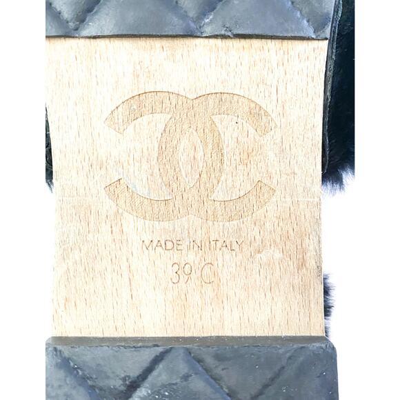 Chanel Black Orylag Fur Shearling CC Wedge Sandals Mules Slides 39